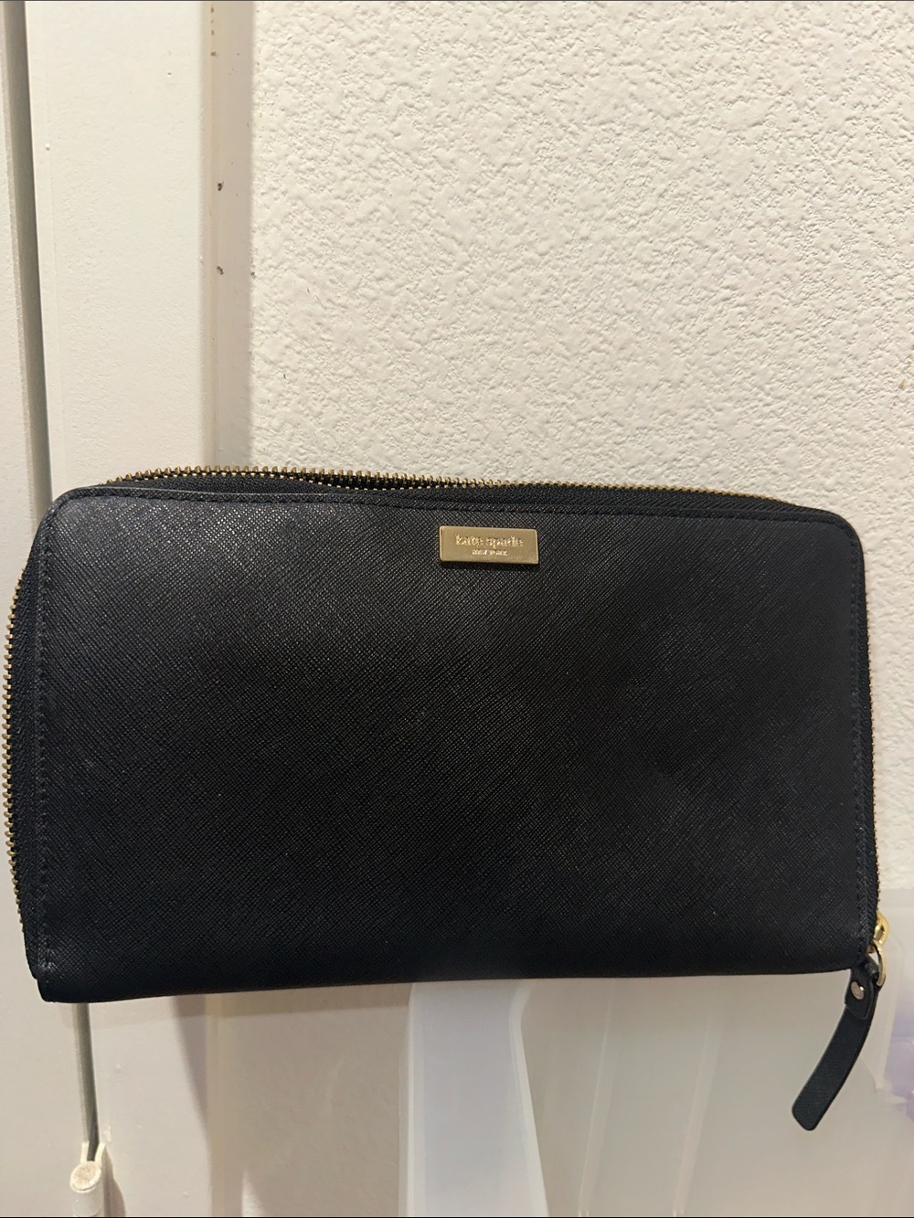 kate spade Black Saffiano Zip Wallet with Gold Hardware